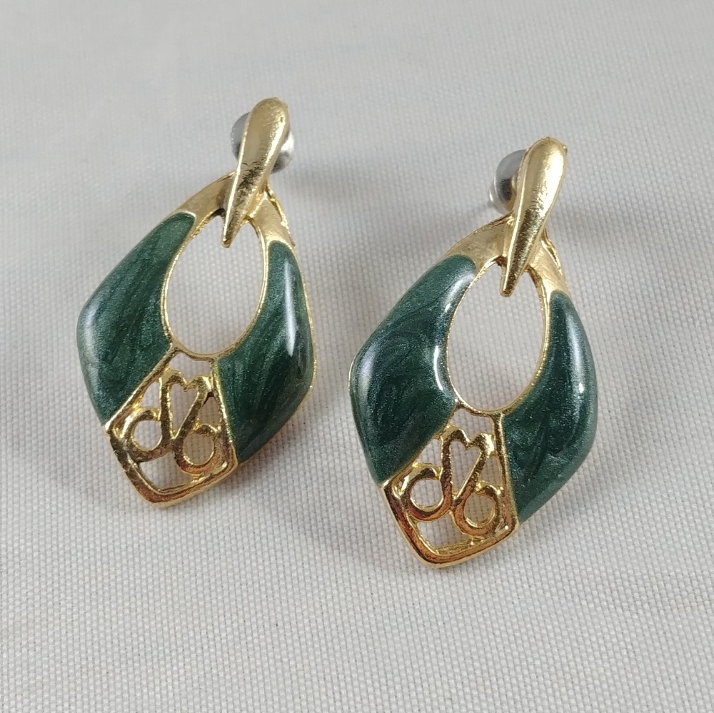 Vintage gold tone green enamel earrings